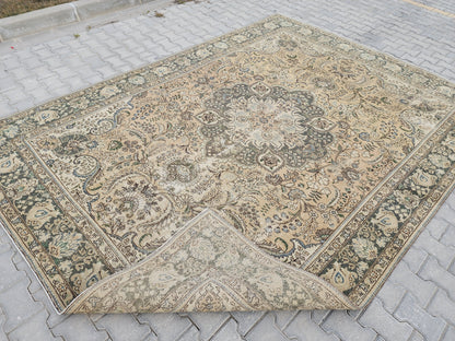 Hand Knotted Oushak Turkish Rug: 8x11 Vintage Wool Area Rug