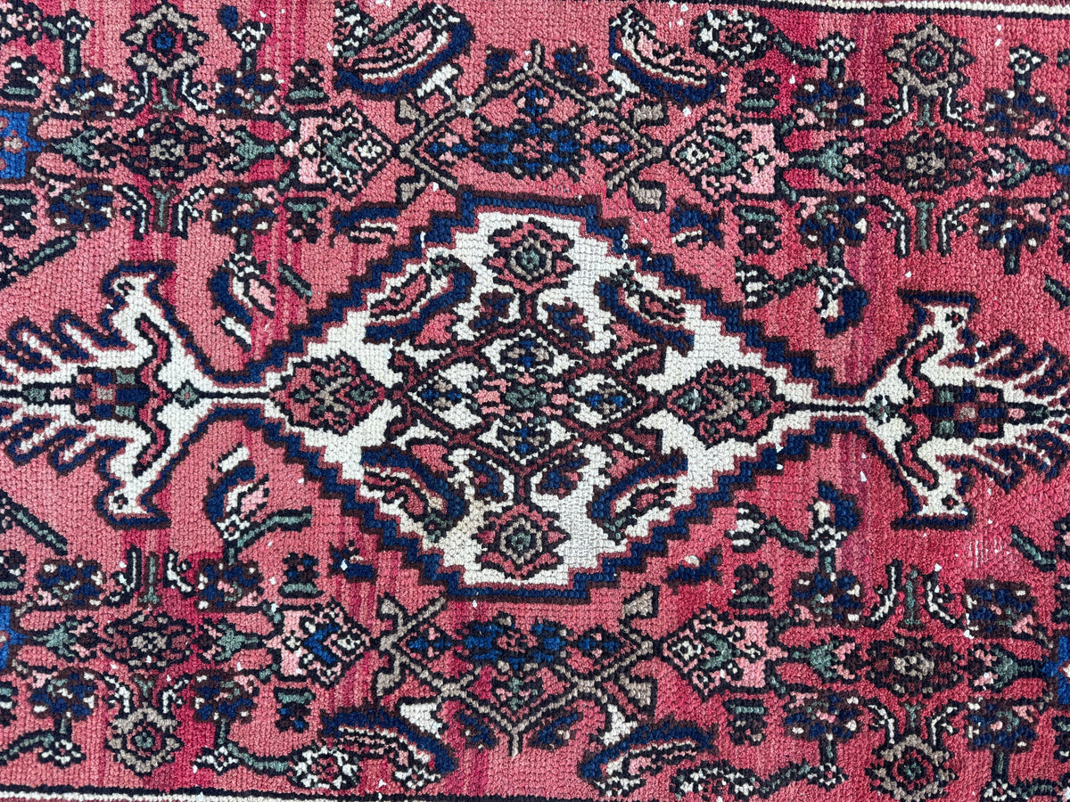 Vintage Wool Runner Rug 3x11: Oriental Hand Knotted, Navy and Faded Red