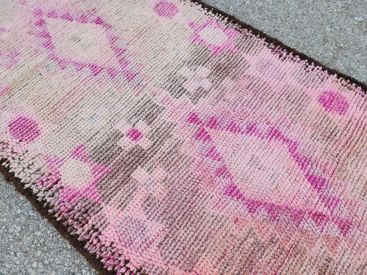 Herki Pink Runner Rug 2.7x10 ft, Turkish Wool Hand Made Carpet, Home Rustic Hallway Decor