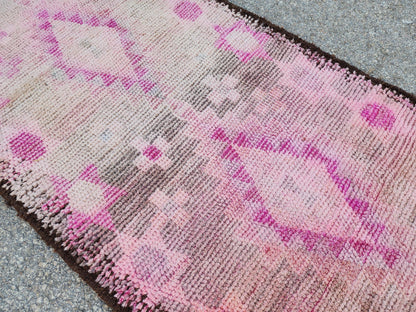 Herki Pink Runner Rug 2.7x10 ft, Turkish Wool Hand Made Carpet, Home Rustic Hallway Decor