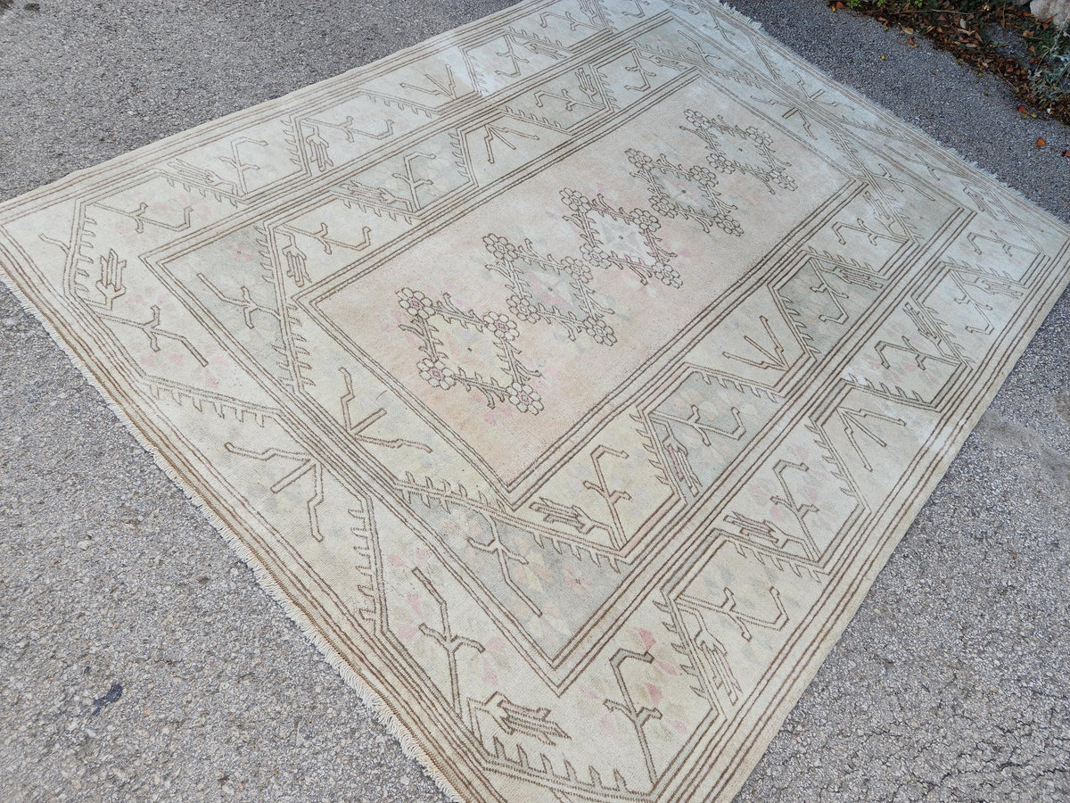 Wool Beige Area Rug 7x9, Turkish Hand Made Carpet, Home Living Room Decor
