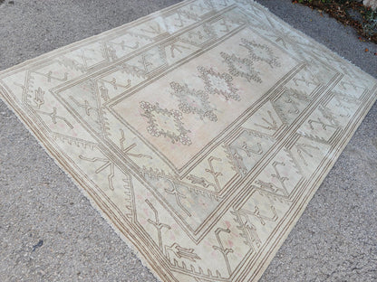 Wool Beige Area Rug 7x9, Turkish Hand Made Carpet, Home Living Room Decor
