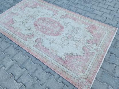 Handwoven Turkish Isparta Oushak Rug 4x7: Pink Wool Oriental Rug