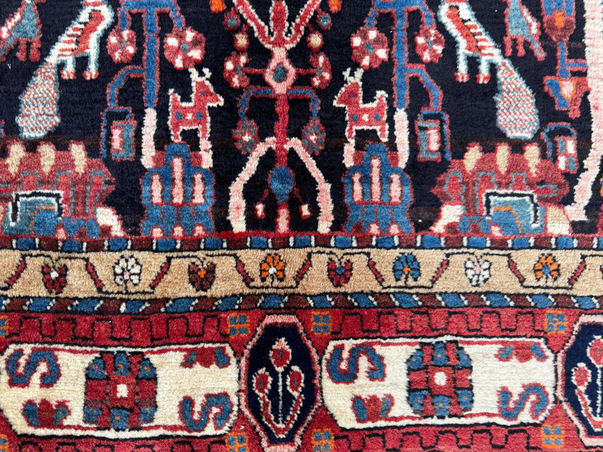 Antique Heriz Rug 5x10: Soft Wool Hand Knotted, Navy and Faded Red