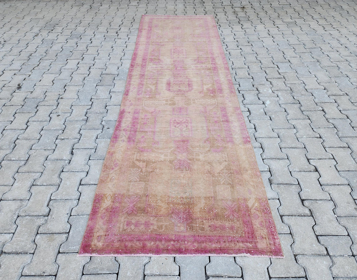3x11 Pink Wool Turkish Runner Rug: Hand Knotted Bohemian Hallway Decor