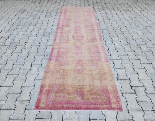 3x11 Pink Wool Turkish Runner Rug: Hand Knotted Bohemian Hallway Decor