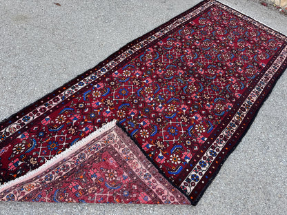 4x9 Oriental Runner Rug: Handwoven Red Wool Hallway with Vintage Floral & Geometric Pattern
