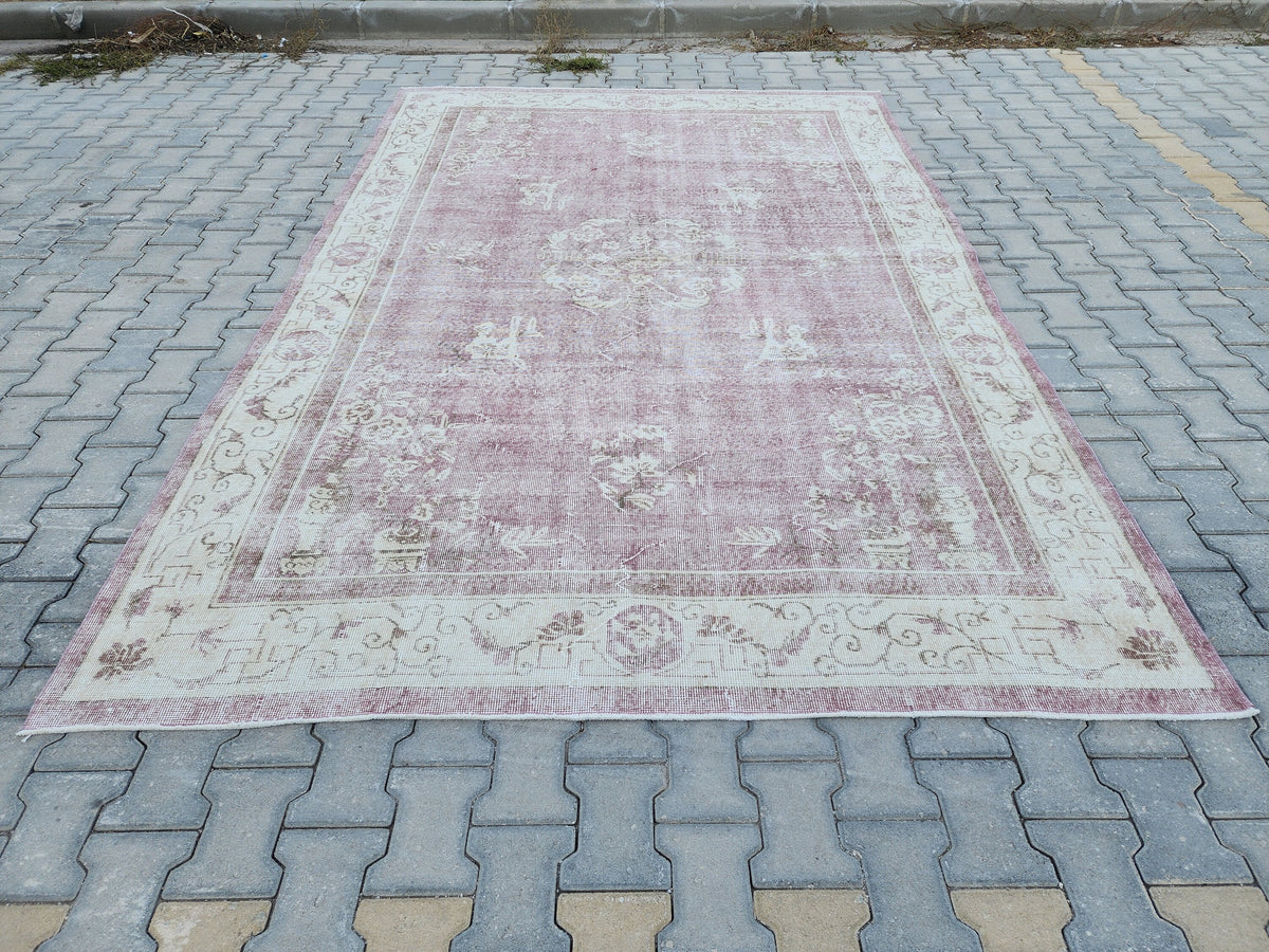 7x10 Vintage Wool Rug: Beige Isparta Oriental Rug