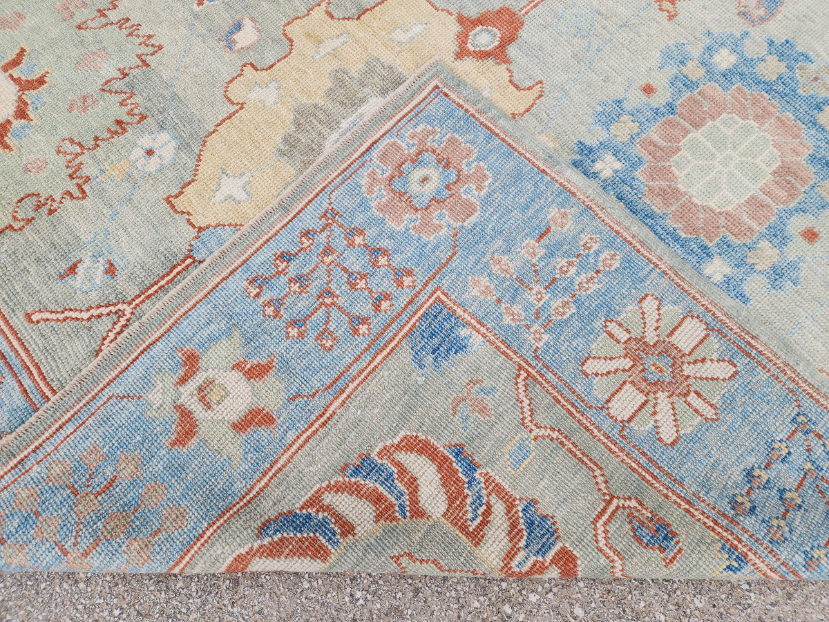 8x10 Oushak Rug, Handwoven Turkish Wool, Light Blue Terracotta Floral, Living Room Decor