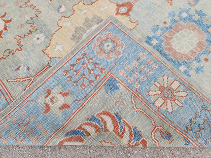 8x10 Oushak Rug, Handwoven Turkish Wool, Light Blue Terracotta Floral, Living Room Decor