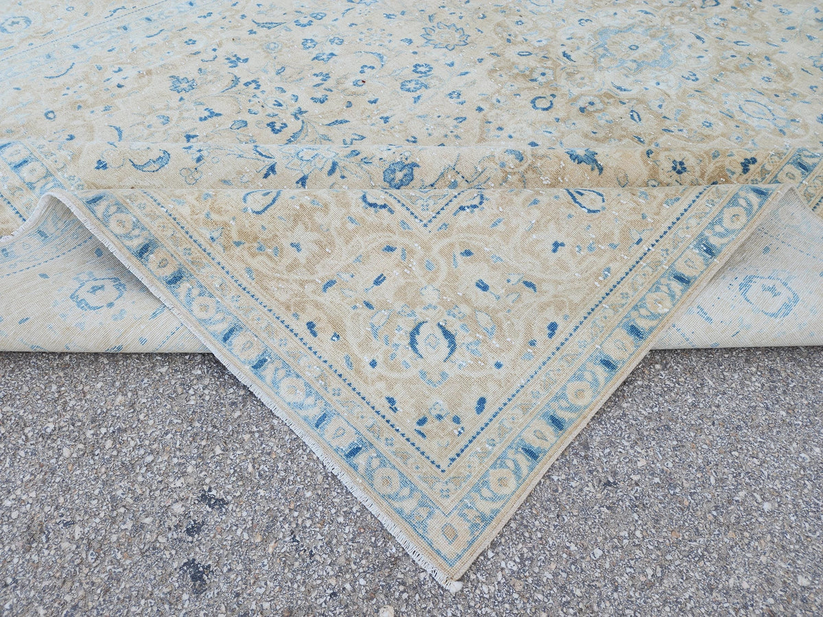Neutral Blue Wool Area Rug 9x14: Rustic Farmhouse Bohemian Style