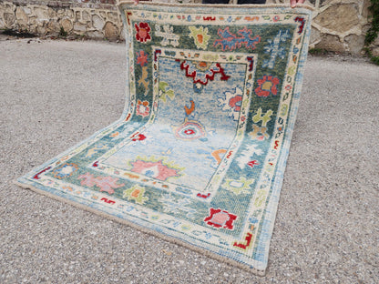 Handwoven Oushak Wool Rug 3x4, Light Blue Floral Entryway Rug