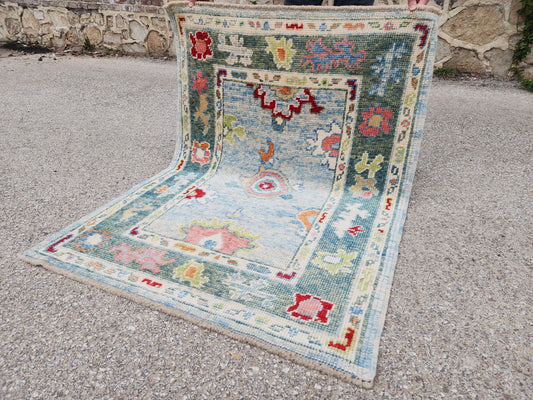 Handwoven Oushak Wool Rug 3x4, Light Blue Floral Entryway Rug