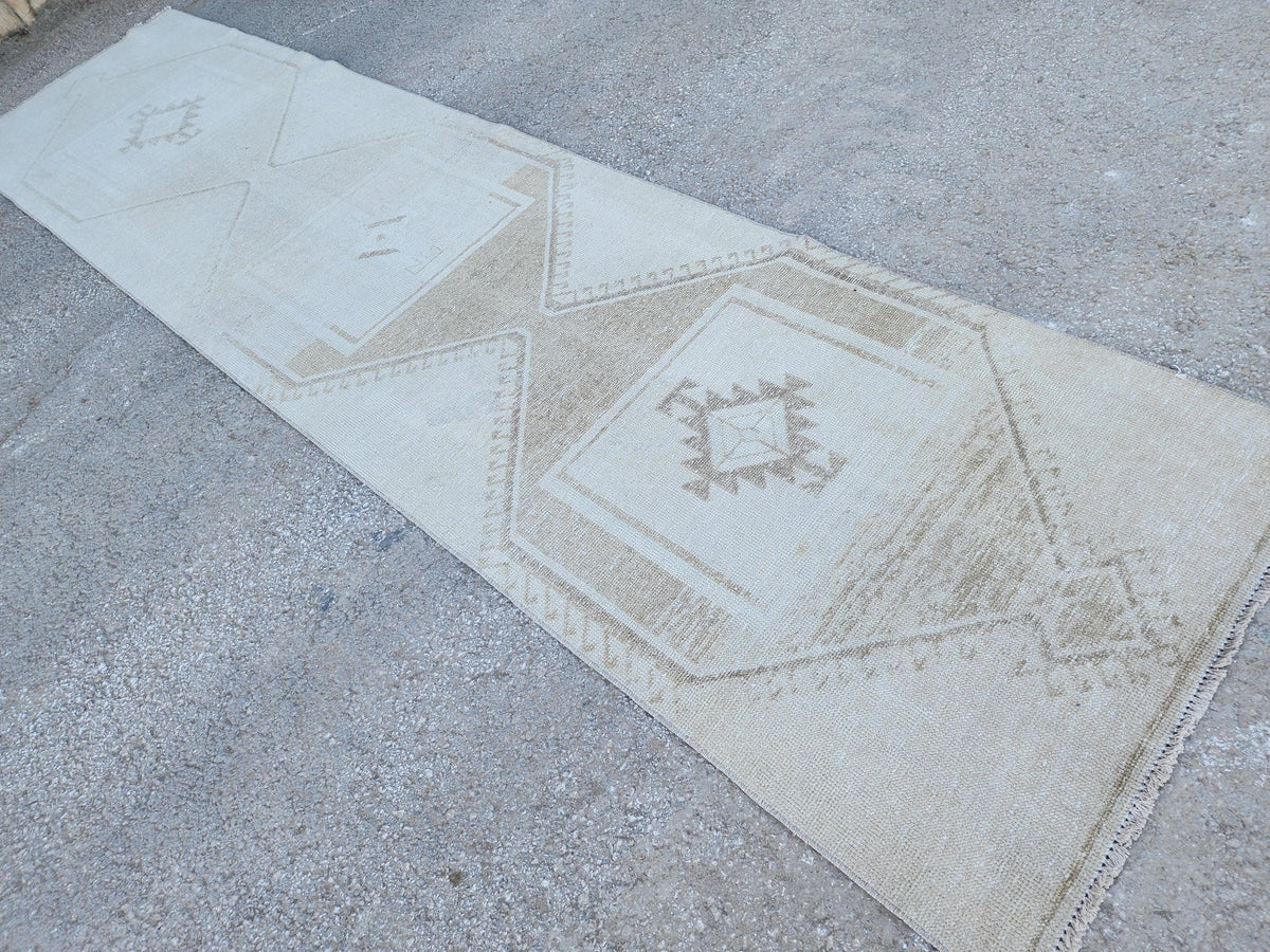3x12 Turkish Wool Runner Rug: Hand Knotted, Beige and Brown