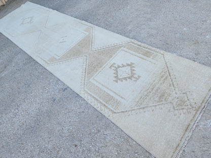 3x12 Turkish Wool Runner Rug: Hand Knotted, Beige and Brown