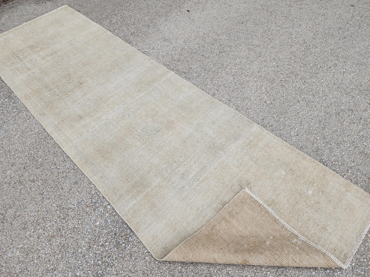 3x11 Neutral Hand-Knotted Turkish Runner Rug, Wool Hallway & Entryway Rug, Rustic Decor