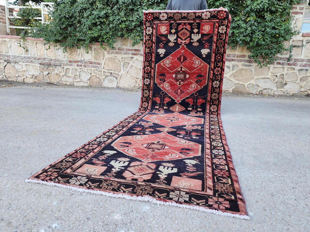 Vintage Wool Runner Rug: Animal Design, Navy Blue and Faded Red