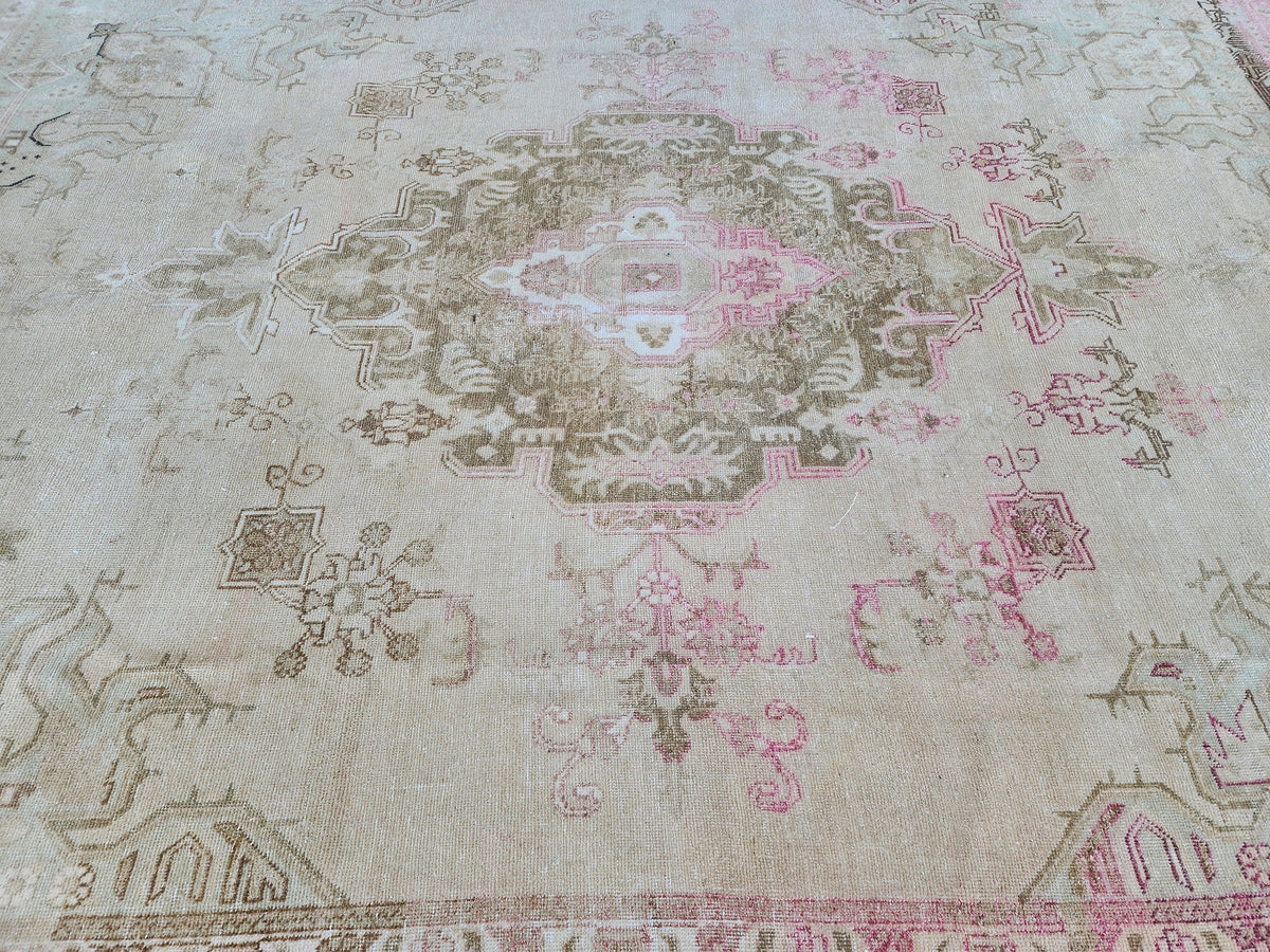 Hand Knotted Wool Vintage Rug: 10x13 Neutral Pink Cream Oversized Area Rug