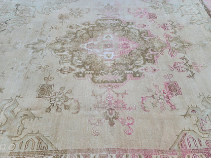 Hand Knotted Wool Vintage Rug: 10x13 Neutral Pink Cream Oversized Area Rug