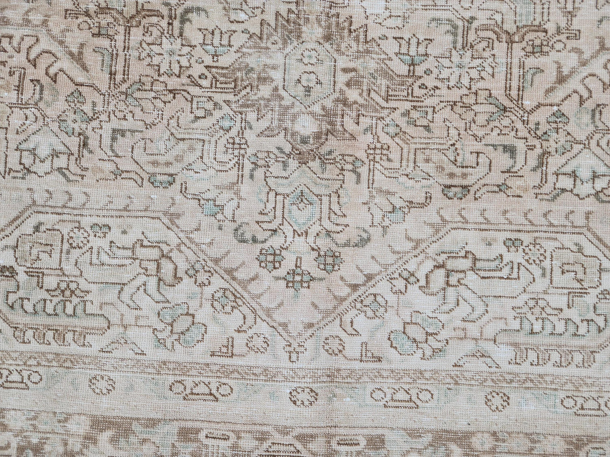 Heriz Neutral Rug 9x12, Hand Knotted Beige And Brown Wool, Living Room Rustic Decor