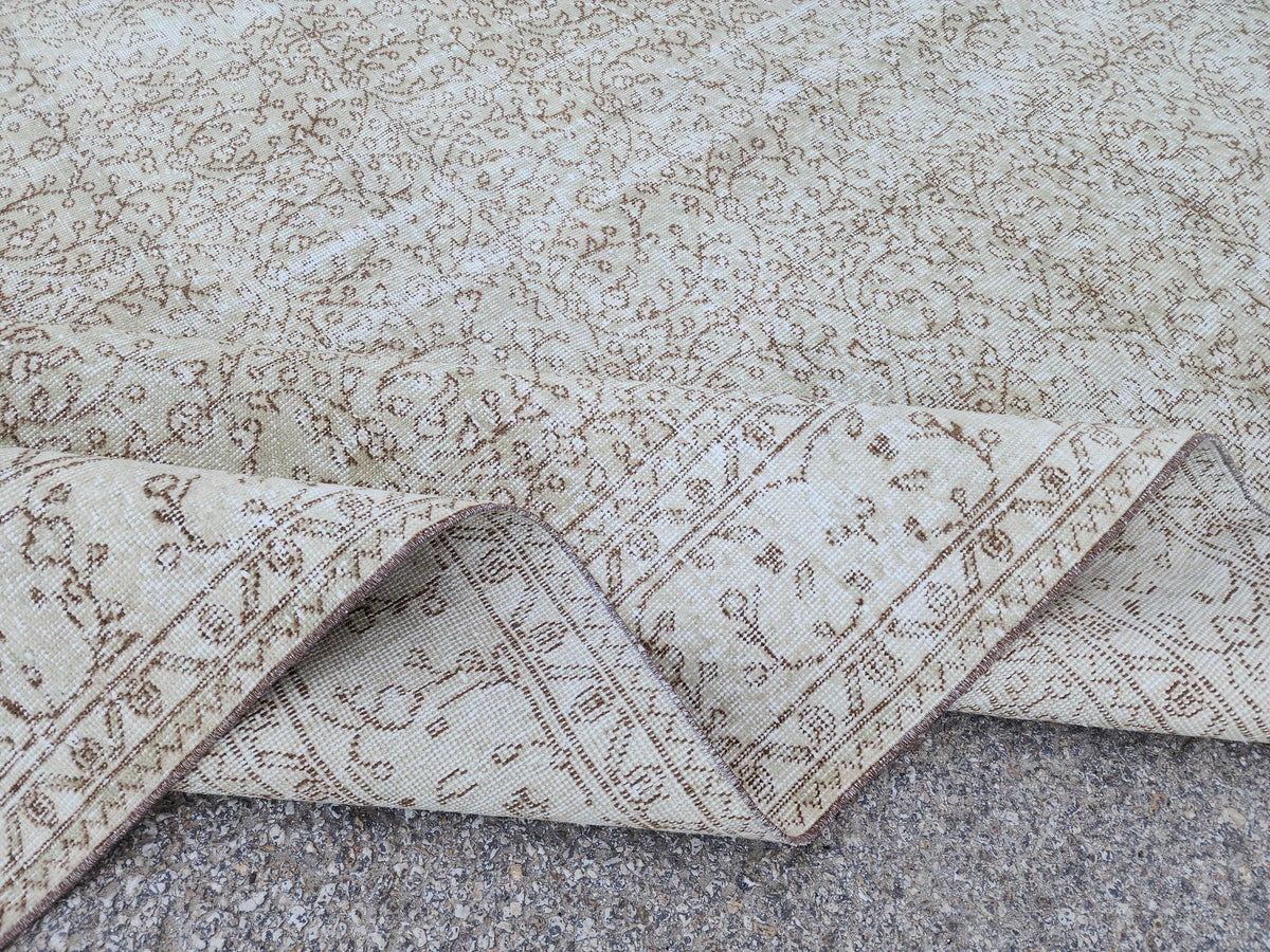 Neutral Vintage Area Rug 6x10, Hand Knotted, Turkish Hand Woven, Beige And Green