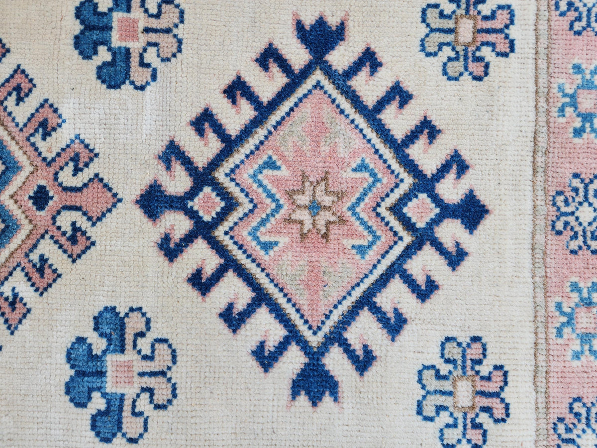 3x5 Anatolian Rug, Bohemian Turkish Hand Made Wool Carpet, Beige and Blue Color