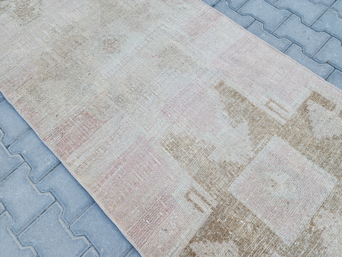 3x11 Turkish Runner Rug: Hand Woven Wool Neutral Beige with Subtle Geometric Pattern