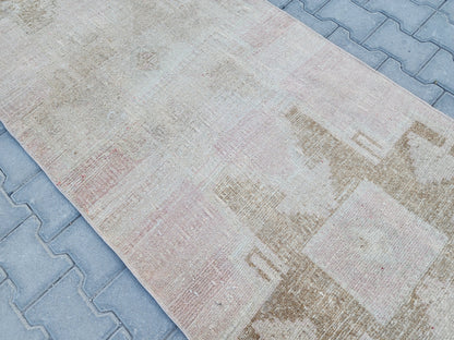 3x11 Turkish Runner Rug: Hand Woven Wool Neutral Beige with Subtle Geometric Pattern