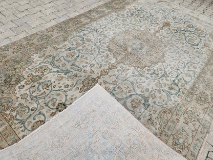 6x11 Neutral Vintage Rug: Green Floral Design Persian Border Design, Hand Knotted