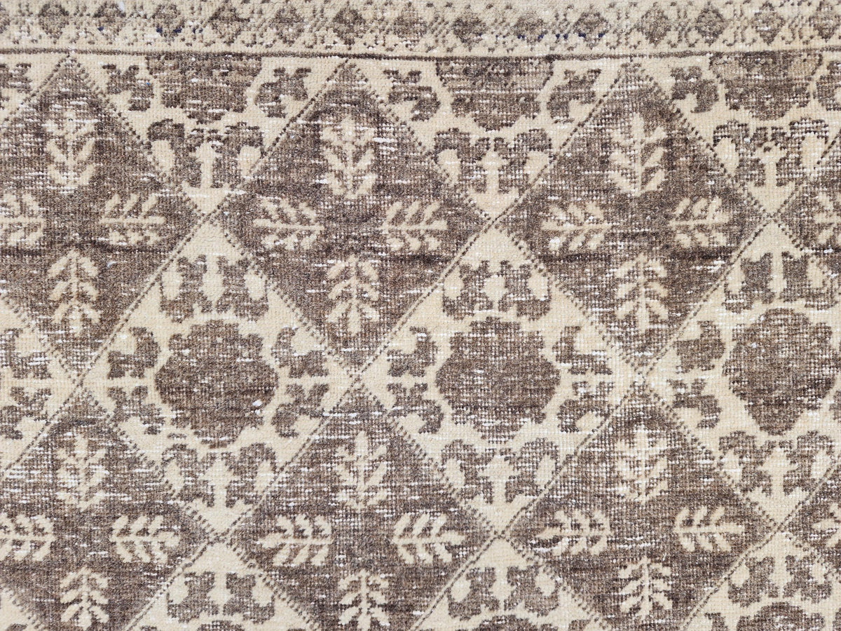 3x7 Vintage Area Rug, Brown Geometric Design Carpet, Hand Made Turkish Wool