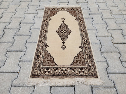 Vintage Turkish Oushak Rug 1x3: Beige Ottoman Wool Rug