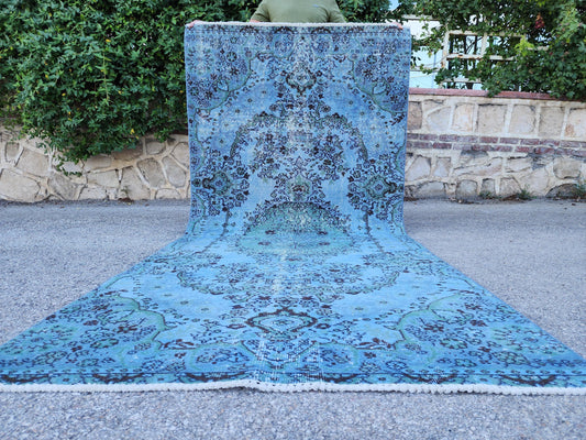 4x9 Vintage Blue Runner Rug, Hand Made Turkish Carpet, Bohemian Entryway Decor