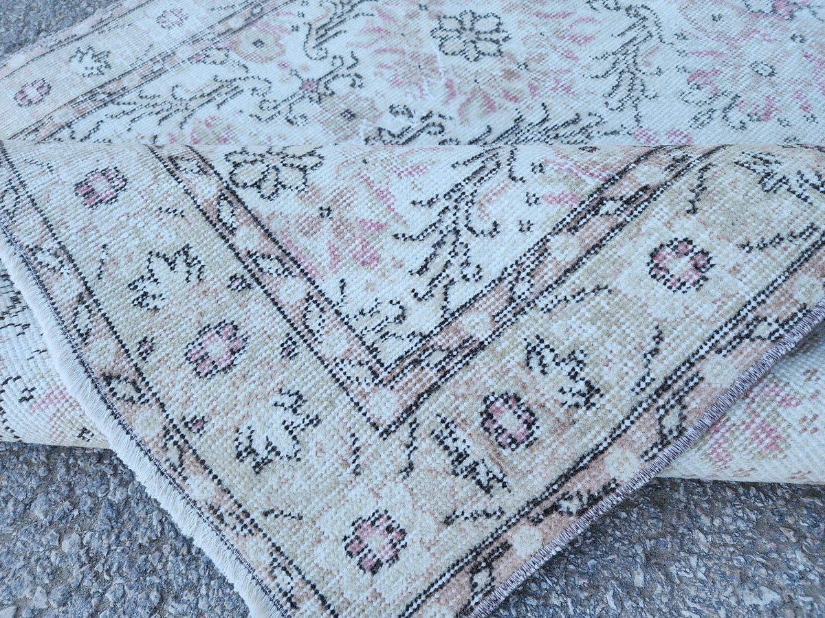Neutral Wool Rug 4x7: Turkish Oushak Hand Knotted, Floral Design