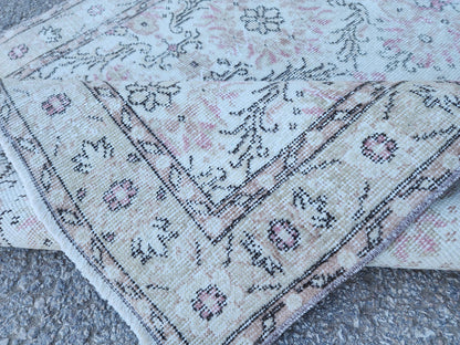 Neutral Wool Rug 4x7: Turkish Oushak Hand Knotted, Floral Design