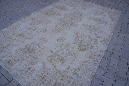 Vintage Turkish Oushak Rug 7x10: Handwoven Wool & Cotton Beige