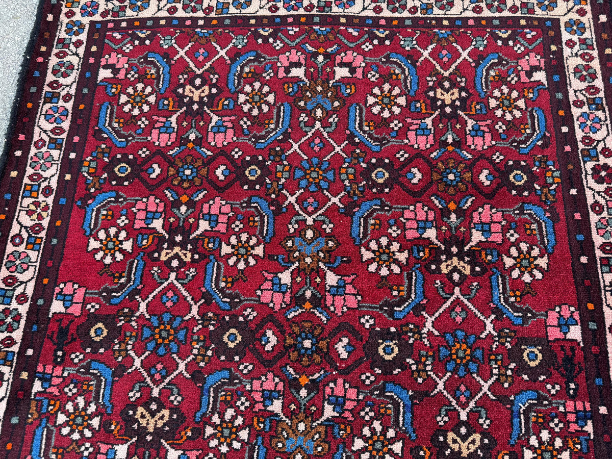 4x9 Oriental Runner Rug: Handwoven Red Wool Hallway with Vintage Floral & Geometric Pattern
