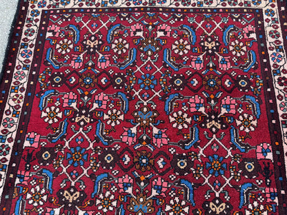 4x9 Oriental Runner Rug: Handwoven Red Wool Hallway with Vintage Floral & Geometric Pattern