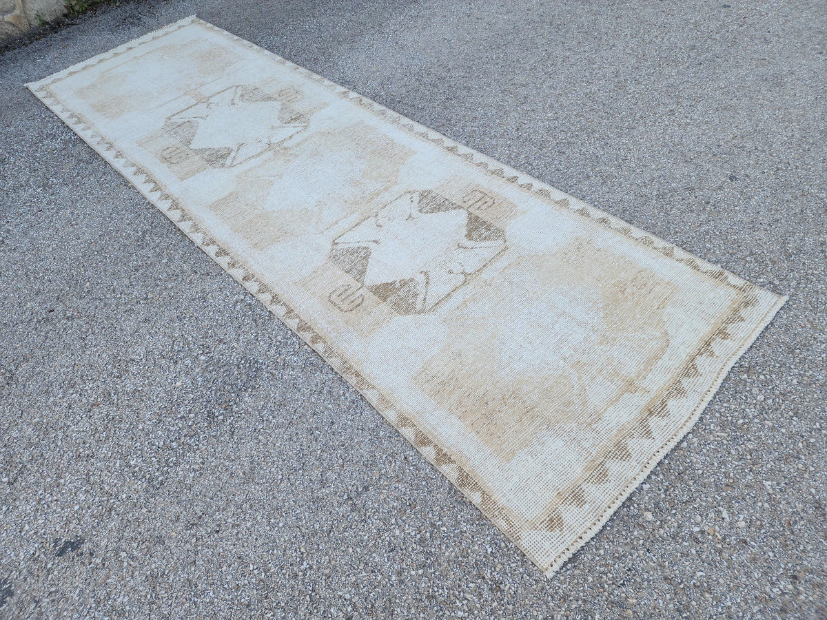 Neutral Wool Runner Rug 3x11: Hand Made Oriental Hallway Decor, Up Cycled Wool