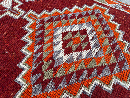 3x13 Long Herki Runner Rug: Vintage Handwoven Wool Orange and Brown Tribal Geometric Design