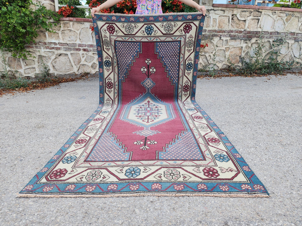 4x9 Turkish Wool rug, Bohemian Living Room Decor, Oriental Hand Made Carpet