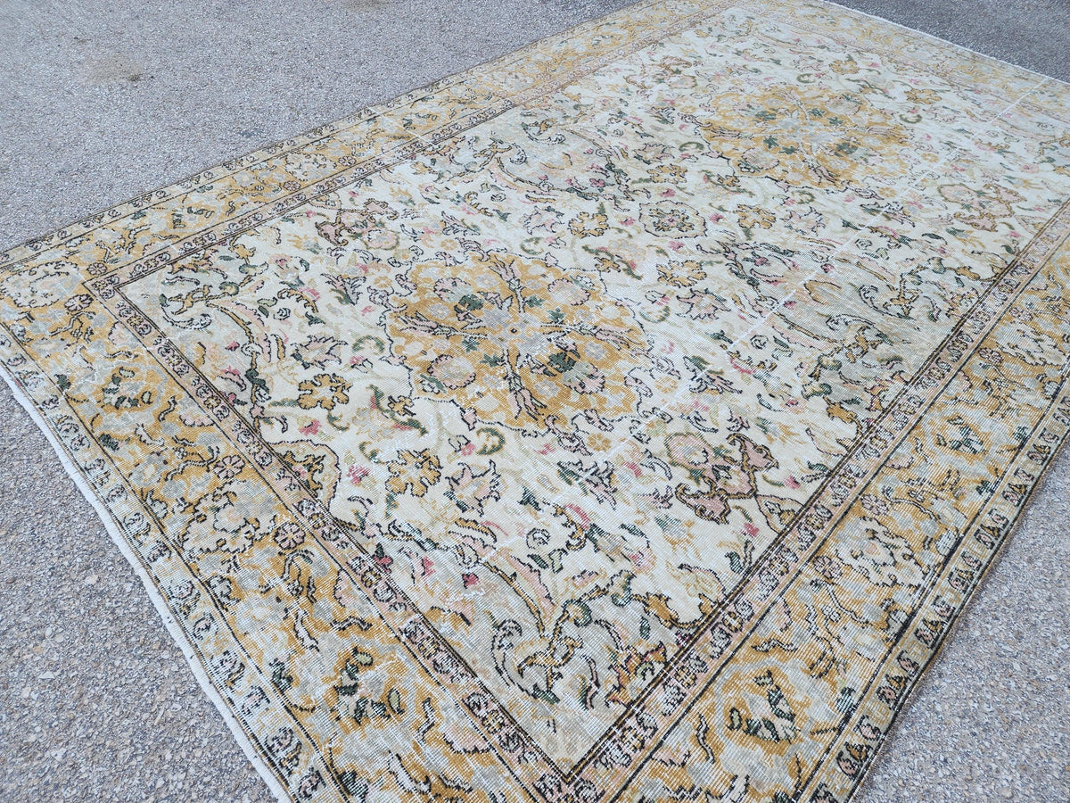 6x9 Oushak Rug: Handwoven Turkish Wool Rug, Neutral Floral Design