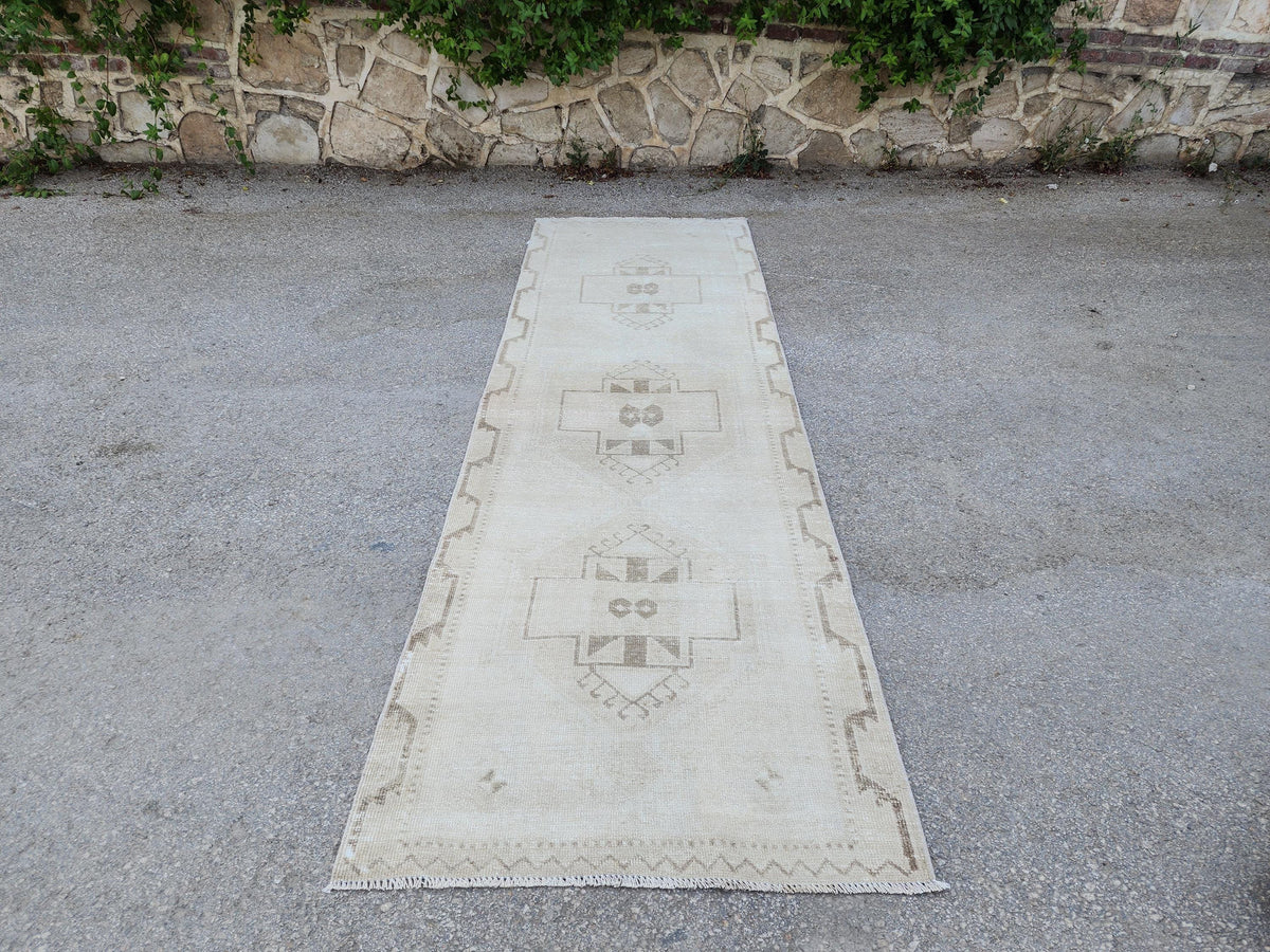 3x11 Turkish Runner Rug, Beige and Brown Hallway Carpet, Kitchen Soft Neutral Decor