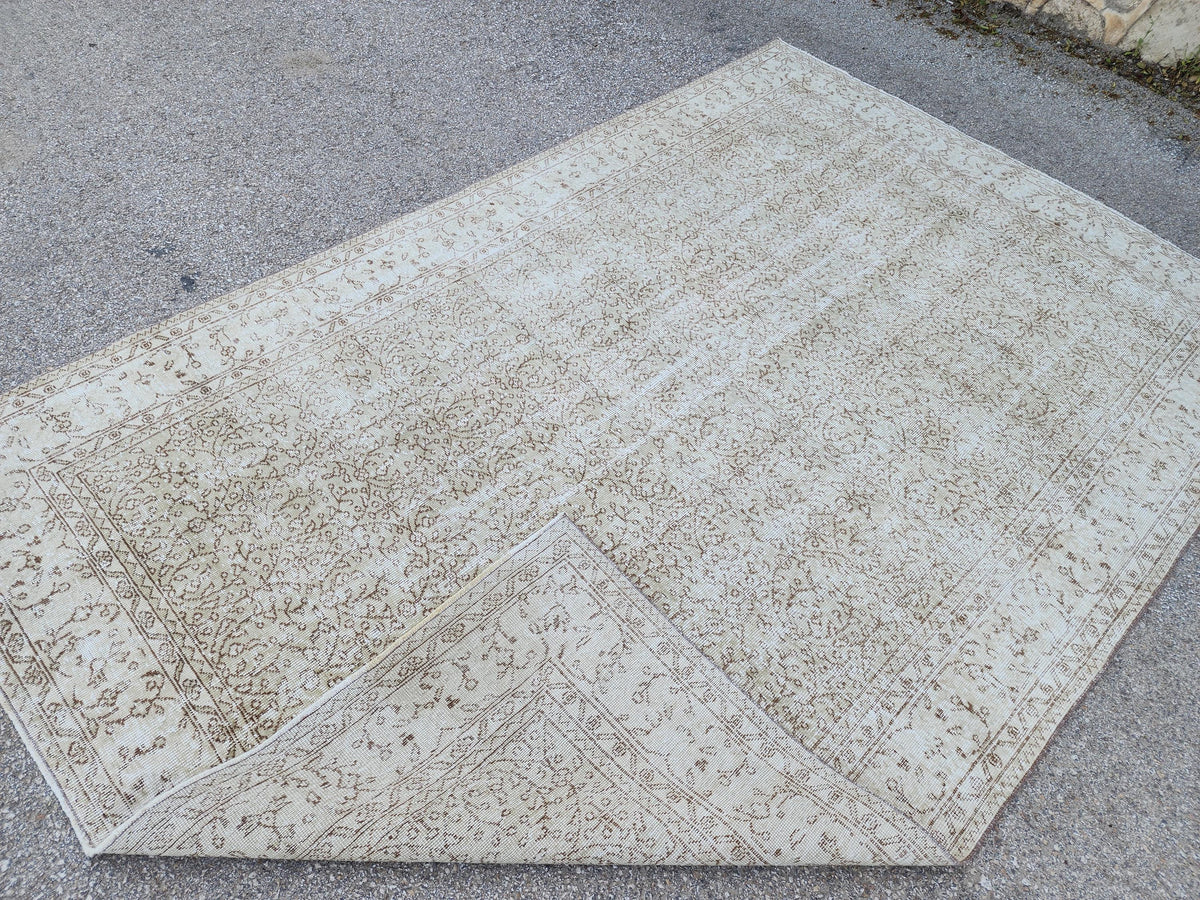 Neutral Vintage Area Rug 6x10, Hand Knotted, Turkish Hand Woven, Beige And Green