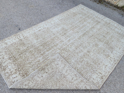Neutral Vintage Area Rug 6x10, Hand Knotted, Turkish Hand Woven, Beige And Green