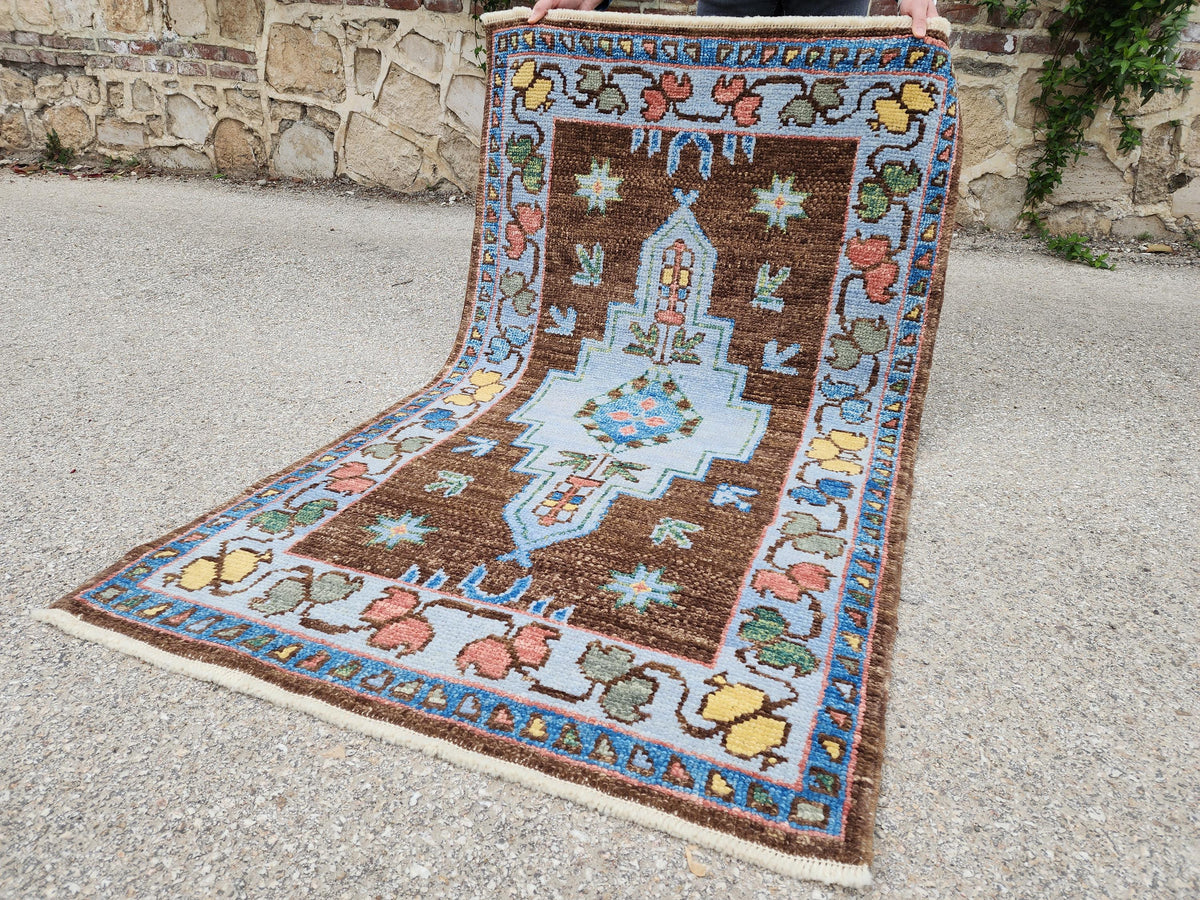 Handwoven 3x5 Oushak Rug: Turkish Wool, Brown & Blue Floral