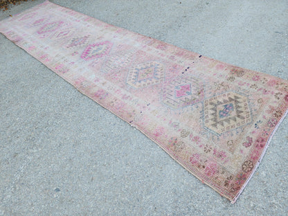 Turkish Runner Rug 2.7x11.2 ft, Soft Wool Pink Color, Hallway Rustic Decor