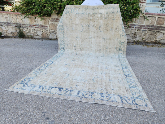 Neutral Wool Rug 7x10, Turkish Vintage Hand Knotted, Beige And Blue, Home Rustic Dining Room Decor