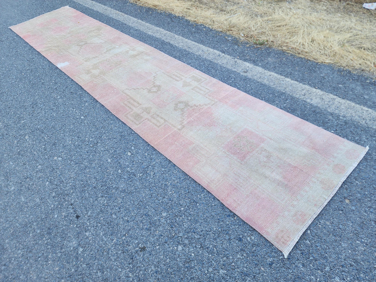 Neutral Runner Rug 2.7x13.7 ft, Stair Wool Runner Rug, Powder Pink Hand Made Decor