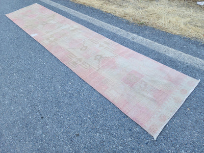 Neutral Runner Rug 2.7x13.7 ft, Stair Wool Runner Rug, Powder Pink Hand Made Decor