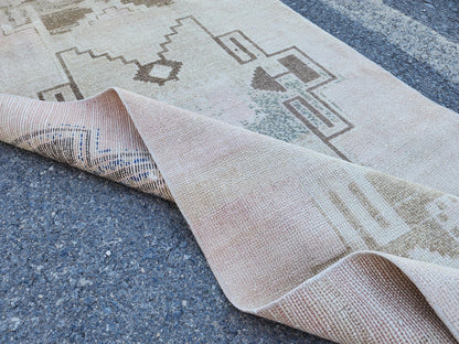 3x14 Neutral Long Runner Rug, Turkish Malatya Hand Made Wool, Beige Geometric Design